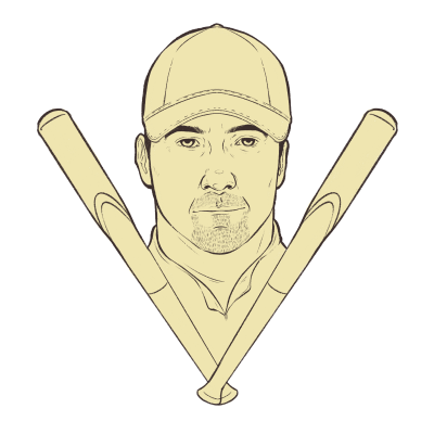 An illustrated portrait of a man with baseball bats
