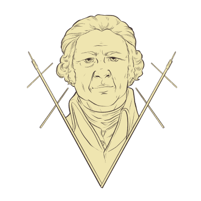 An illustrated portrait of an older man with ship masts