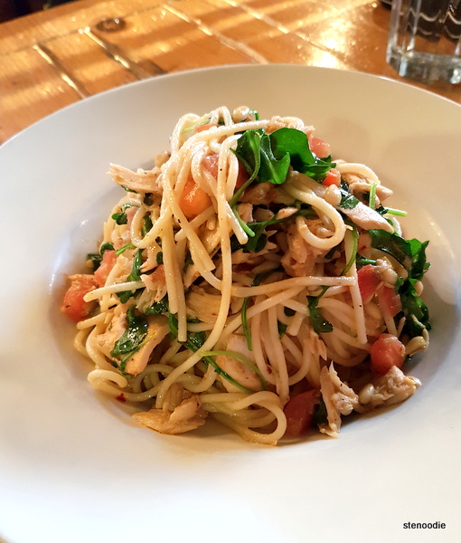 Tonno Pasta; spaghetti, albacore tuna, fresh arugula, diced tomatoes, pine nuts and spicy aglio e olio.