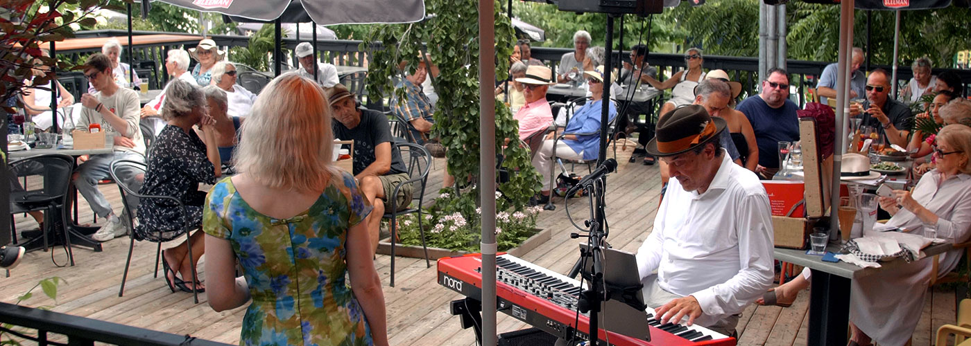 Musicians performing on a patio