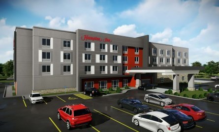 A digital rendering of a large modern hotel with a parking lot in front.