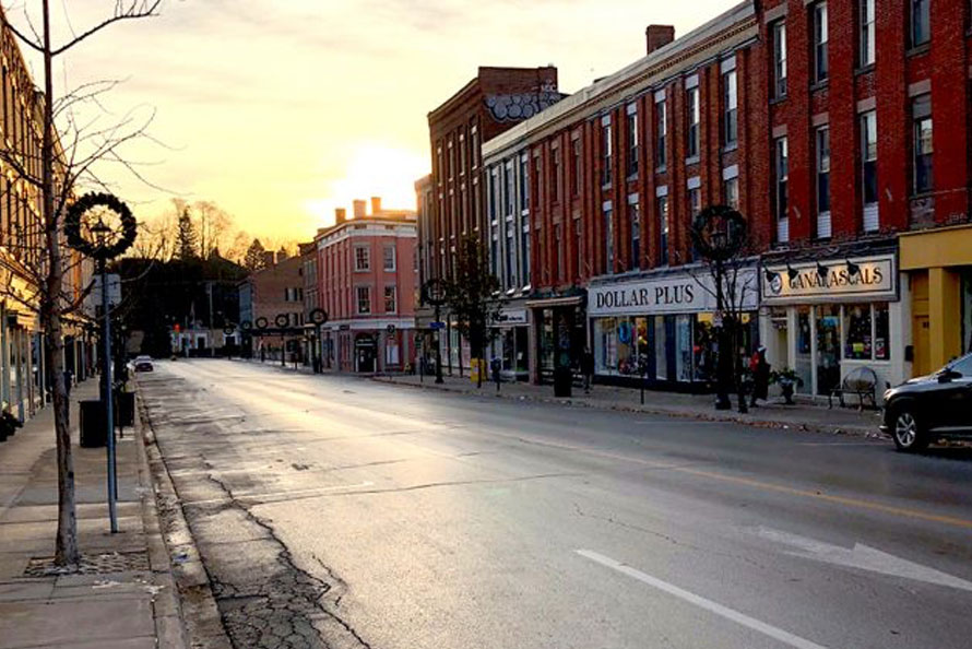 Sunset in downtown Port Hope highlighting the old buildings and shops