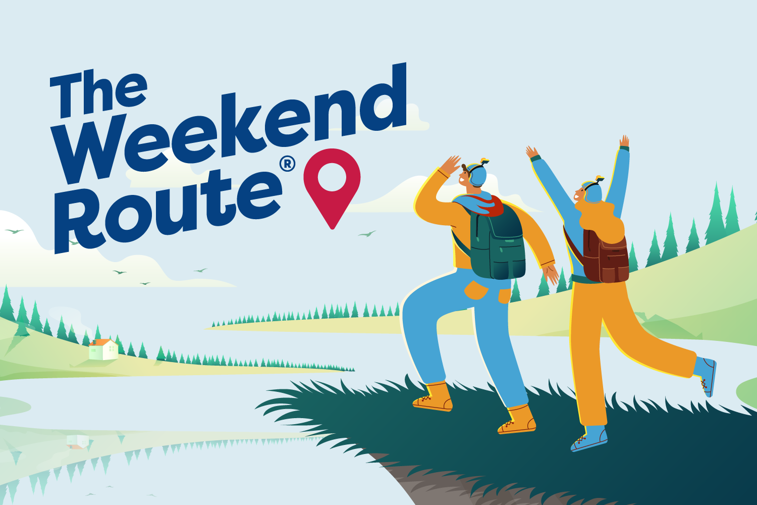The Weekend Route Logo and an illustration of two people hiking