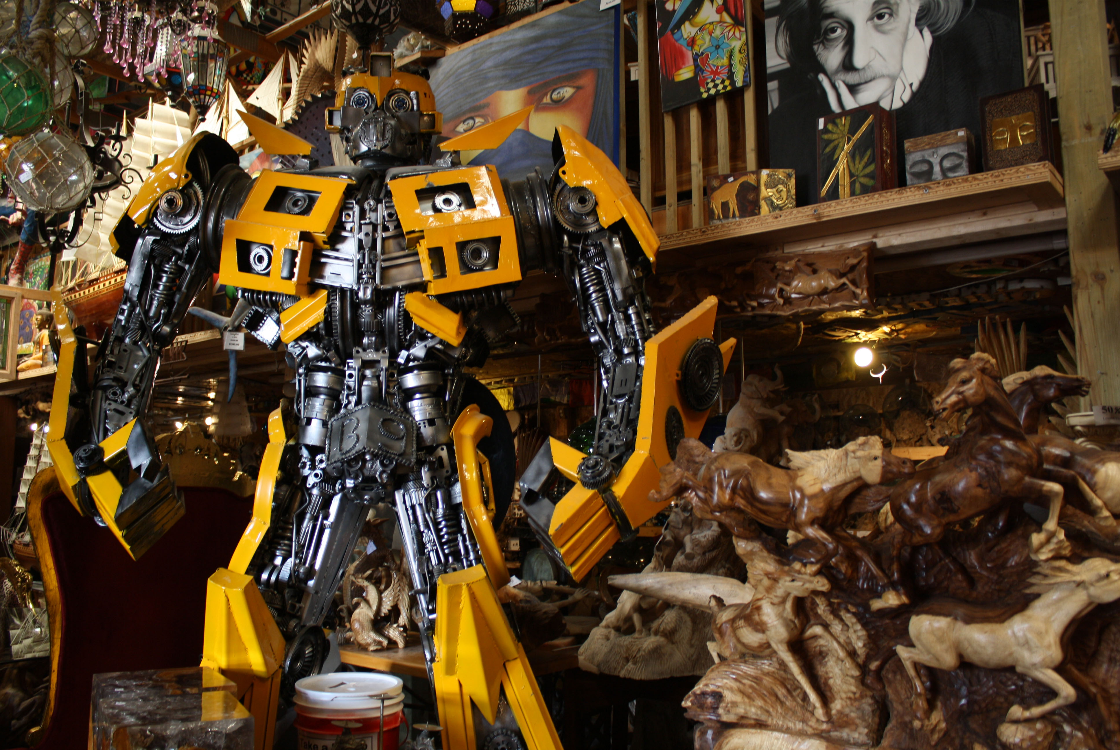 A large metal robot sculpture
