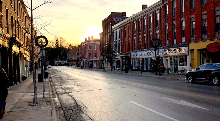 Sunset in downtown Port Hope highlighting the old buildings and shops