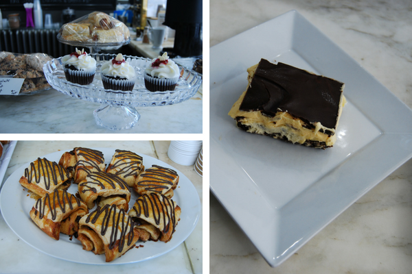 A collage of an assortment of treats from Queenie's. Chocolate cupcakes, a plate of pastry's drizzled with chocolate, and a chocolate covered square.