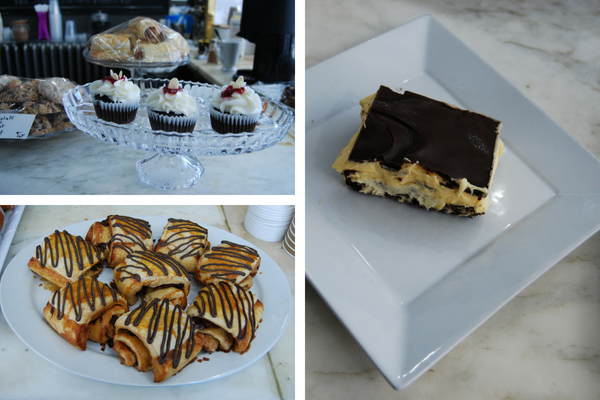 Chocolate cupcakes, a plate of pastry's drizzled with chocolate, and a chocolate covered square