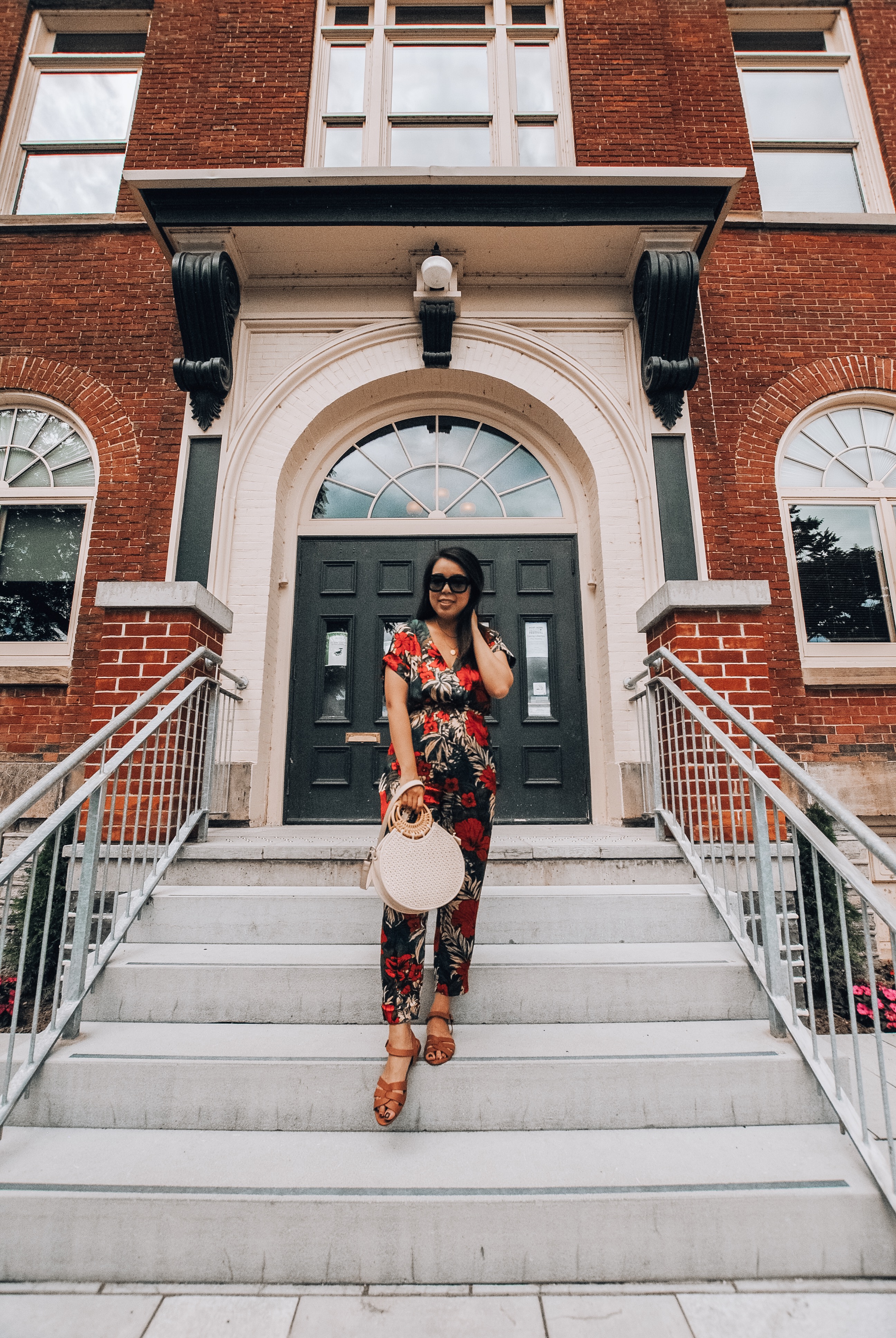 Woman on front steps of town hall