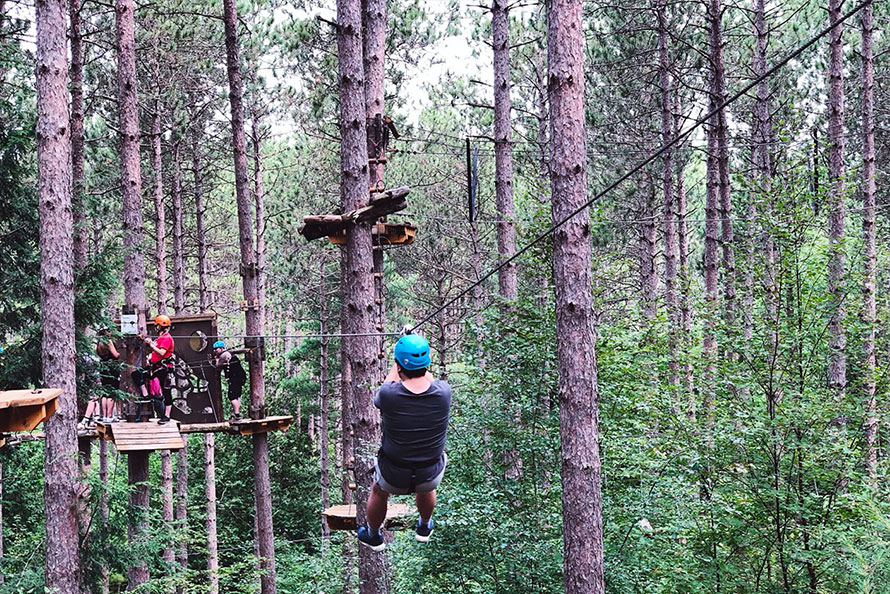 Person zip-lining in Ganaraska Forest in Port Hope