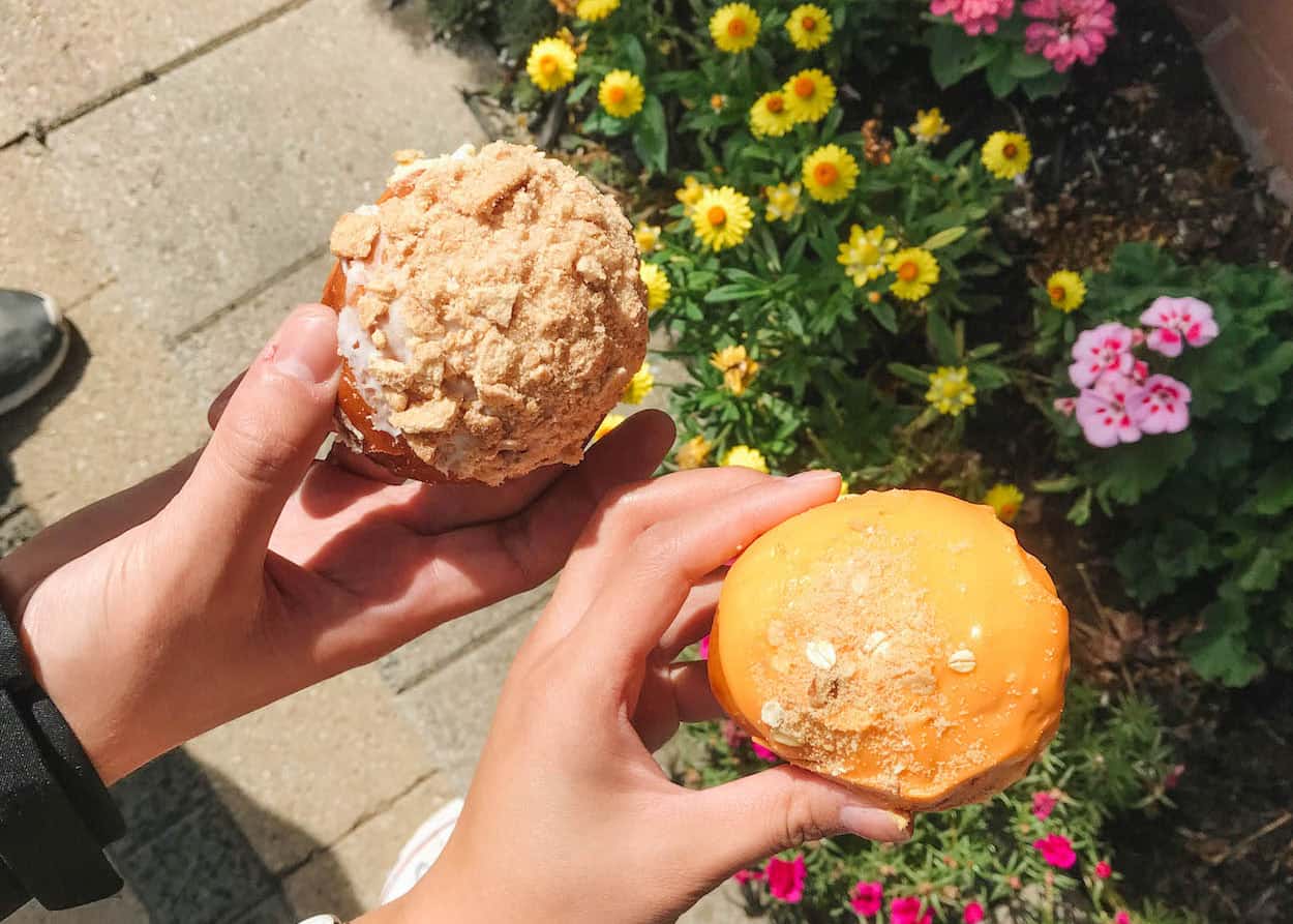 Two hands holding donuts above a flower bed from Frosted Flour Co.