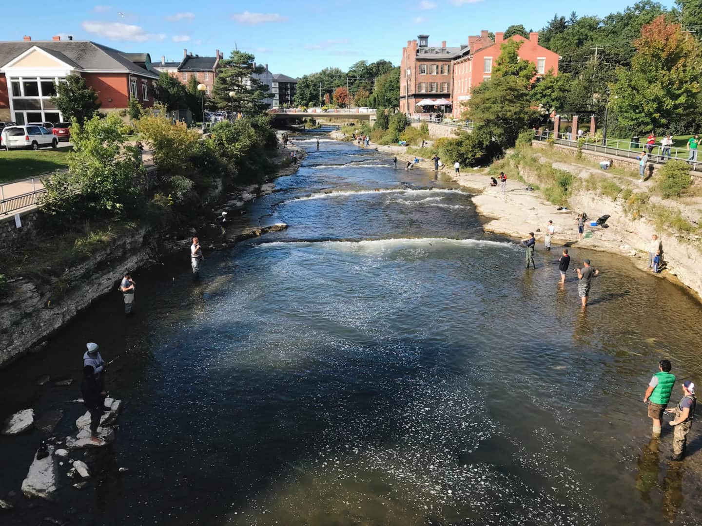 People fishing for Salmon in the rushing Ganaraska River