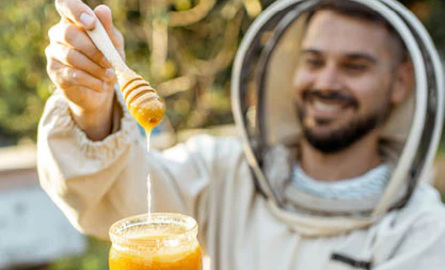 Beekeeper Happily Displaying Honey with a Wooden Honey Wand