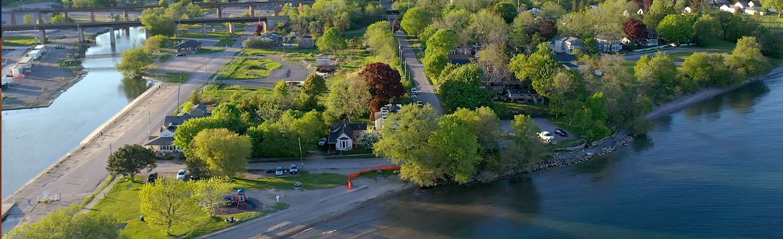 Aerial view of Port Hope including Lake Ontario and the Ganaraska River