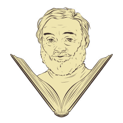 An illustrated portrait of an older man with a book