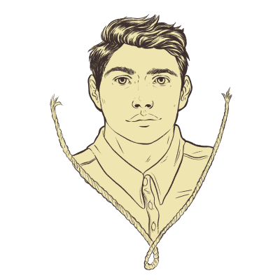 An illustrated portrait of a military man with a rope