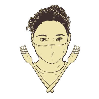 An illustrated portrait of a young girl with two forks