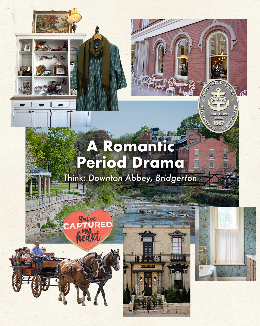 Collage of the Ganaraska River, historic buildings, shops, and wagon rides with the word mark A Romantic Period Drama