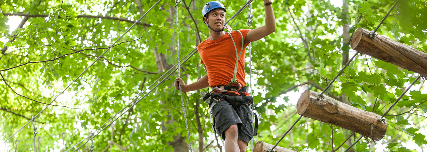 Man performing aerial tree top course in Port Hope
